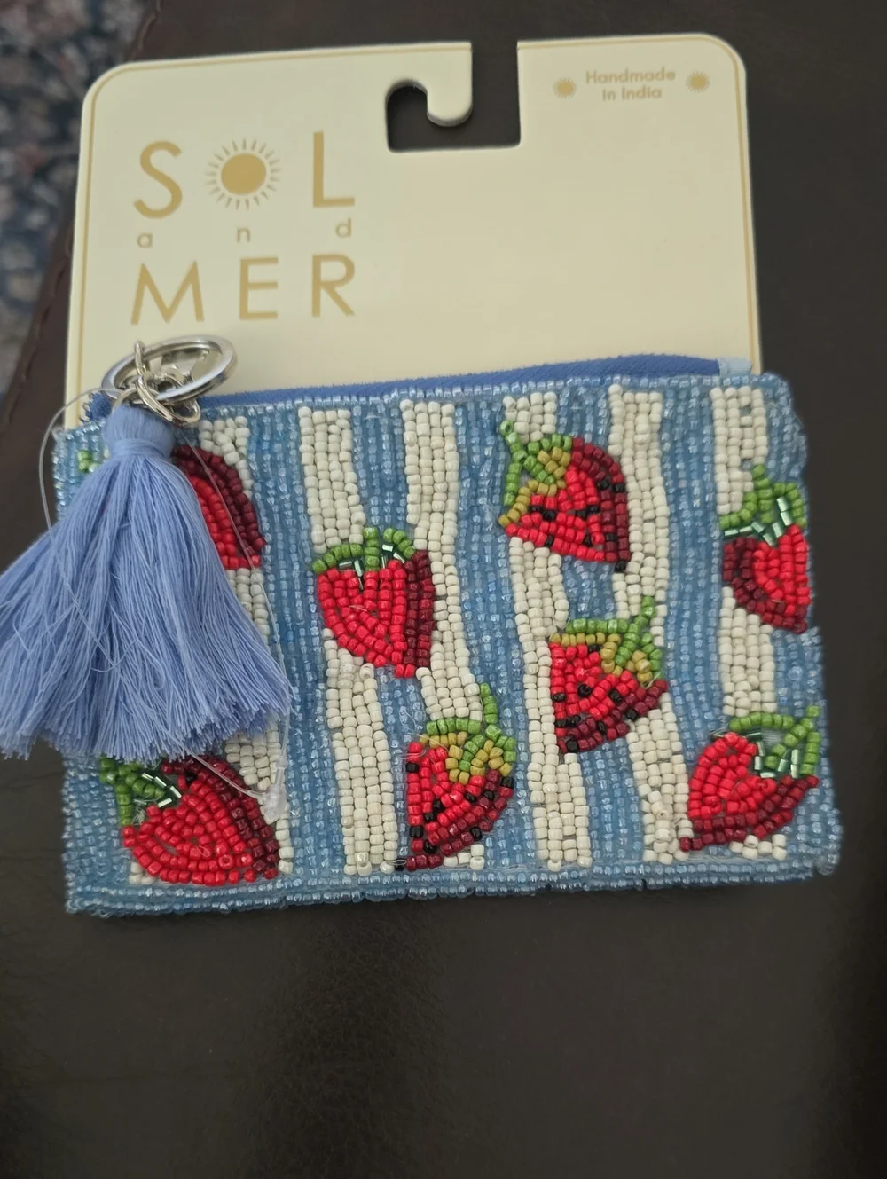Sol and Mer Blue Beaded Strawberry Card Wallet with Tassel